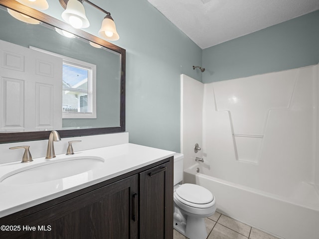 bathroom featuring tile patterned flooring, shower / bathing tub combination, toilet, and vanity