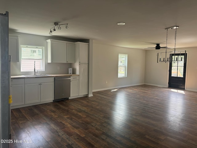 kitchen featuring dark wood-type flooring, dishwasher, a sink, and plenty of natural light