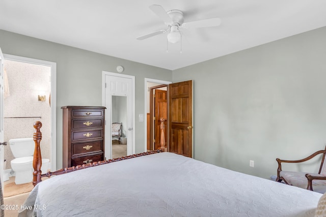 bedroom with connected bathroom and ceiling fan