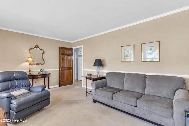 living room with light carpet, baseboards, and ornamental molding