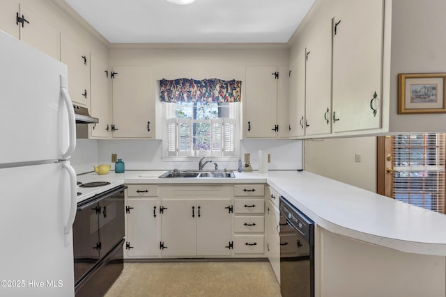 kitchen featuring freestanding refrigerator, black dishwasher, under cabinet range hood, a sink, and electric range oven
