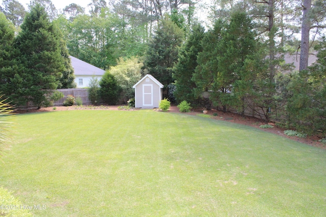 view of yard featuring an outdoor structure, fence, and a storage unit