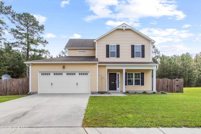 view of front of house with concrete driveway, fence, covered porch, and a front yard