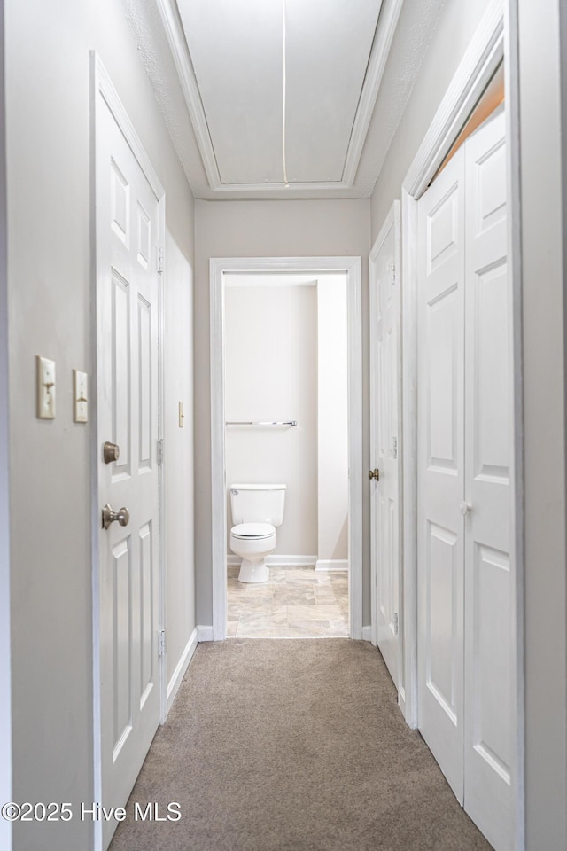 hallway with attic access, baseboards, and carpet floors