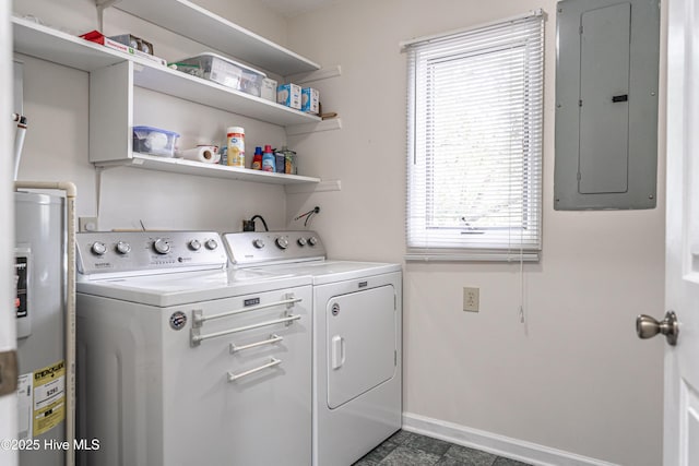 laundry room with electric panel, washer and dryer, plenty of natural light, and laundry area