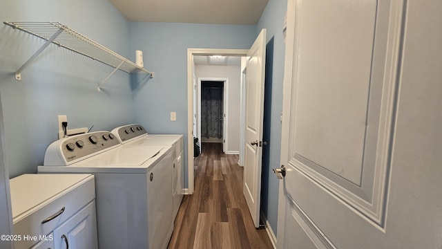 1905 Coleman Lake Dr, Calabash, NC 28467 - laundry room with separate washer and dryer, dark wood finished floors, cabinet space, and baseboards