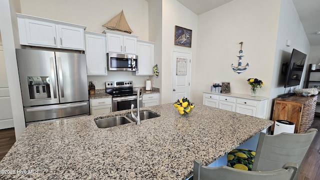 1905 Coleman Lake Dr, Calabash, NC 28467 - kitchen with stainless steel appliances, a sink, white cabinets, dark wood-style floors, and light stone counters