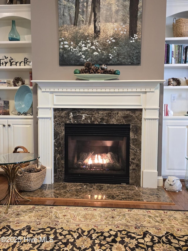 detailed view of a high end fireplace and wood finished floors