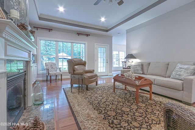 living room featuring plenty of natural light, a fireplace, a raised ceiling, a ceiling fan, and ornamental molding