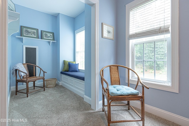 sitting room with plenty of natural light, carpet floors, and baseboards