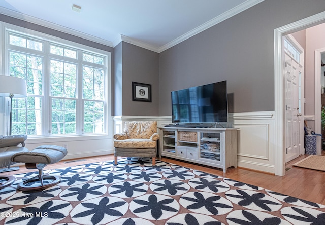 living area featuring light wood finished floors, ornamental molding, a wainscoted wall, and a decorative wall