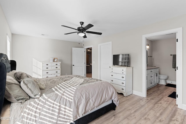 2665 Ash Little River Rd NW, Longwood, NC 28452 - bedroom with light wood finished floors, baseboards, a ceiling fan, and ensuite bath