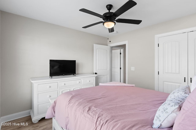 2665 Ash Little River Rd NW, Longwood, NC 28452 - bedroom with light wood finished floors, baseboards, a closet, and a ceiling fan
