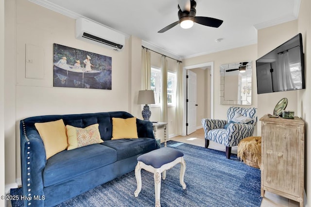 334 NE 48th St, Oak Island, NC 28465 - carpeted living area with an AC wall unit, ceiling fan, crown molding, and baseboards