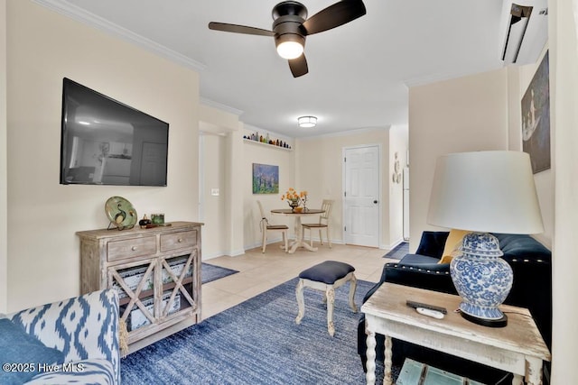 334 NE 48th St, Oak Island, NC 28465 - living area with crown molding, ceiling fan, and tile patterned flooring