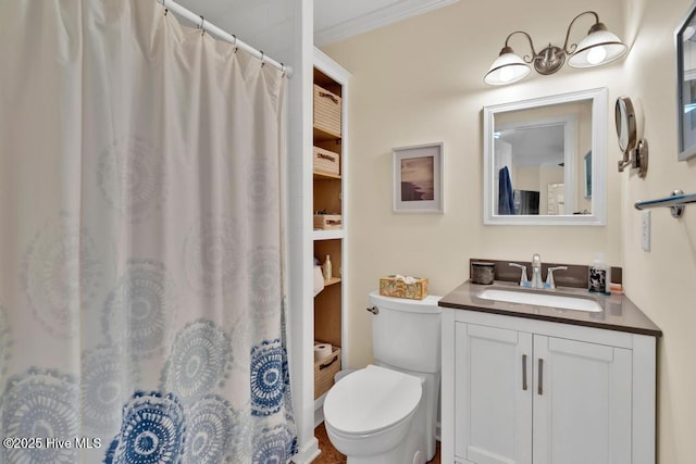 334 NE 48th St, Oak Island, NC 28465 - full bathroom with vanity, toilet, crown molding, and curtained shower