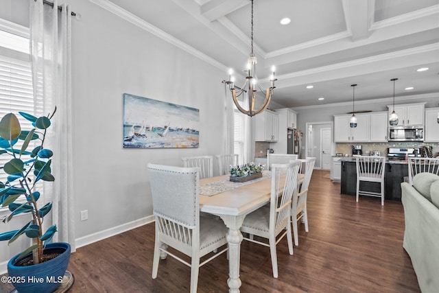 dining space with dark wood-type flooring, a chandelier, ornamental molding, and recessed lighting