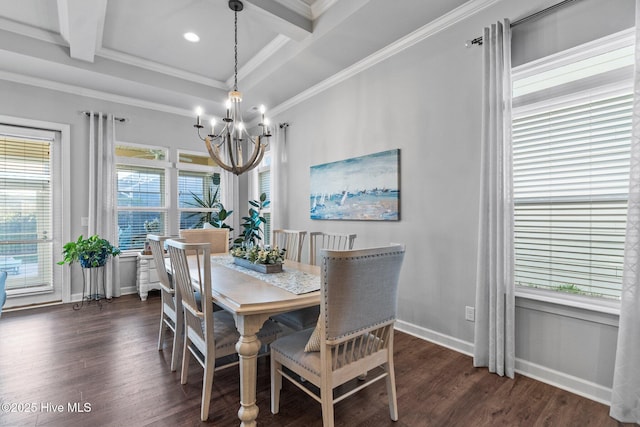 dining space with a chandelier, baseboards, ornamental molding, dark wood-type flooring, and recessed lighting