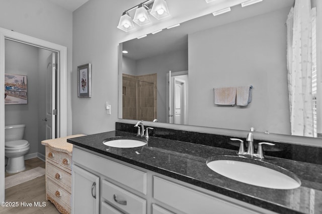 full bathroom featuring double vanity, toilet, a shower, and a sink