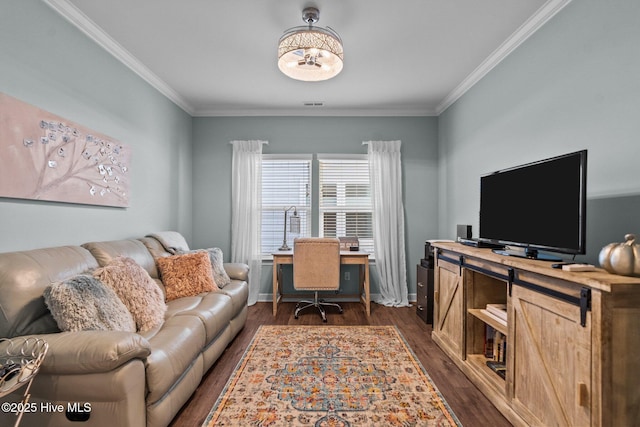 office with dark wood-type flooring, visible vents, baseboards, and ornamental molding