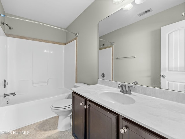 full bathroom featuring shower / bathtub combination, vanity, visible vents, toilet, and tile patterned floors