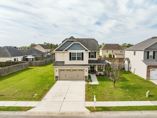 craftsman house with fence, a residential view, a garage, and concrete driveway