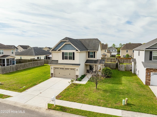 view of front of house featuring a garage, a shingled roof, fence, driveway, and a residential view