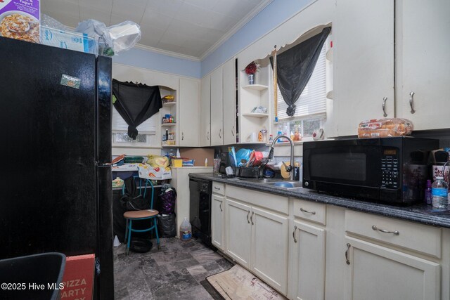 257 E Raleigh Blvd, Rocky Mount, NC 27801 - kitchen featuring crown molding, open shelves, black appliances, a sink, and dark countertops