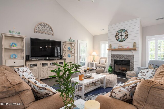 913 Wetherington Landing Rd, Stella, NC 28582 - living area featuring high vaulted ceiling, a fireplace, and visible vents