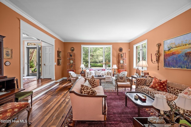 living area with baseboards, ornamental molding, and dark wood-style flooring