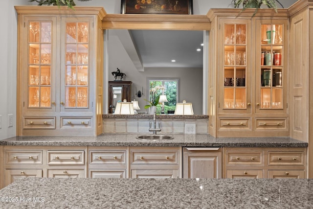 kitchen with a sink, glass insert cabinets, and stone counters