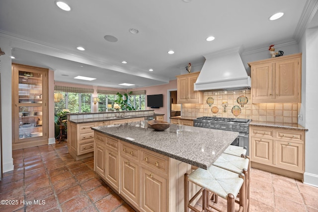 kitchen featuring a sink, premium range hood, tasteful backsplash, a kitchen island, and high end stainless steel range oven