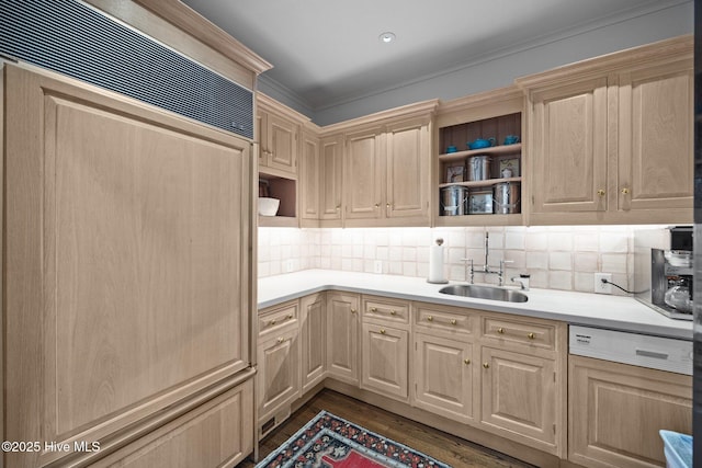 kitchen with open shelves, a sink, light countertops, paneled built in refrigerator, and dark wood-type flooring