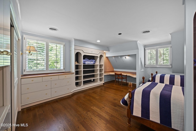 bedroom featuring recessed lighting, visible vents, ornamental molding, and wood finished floors