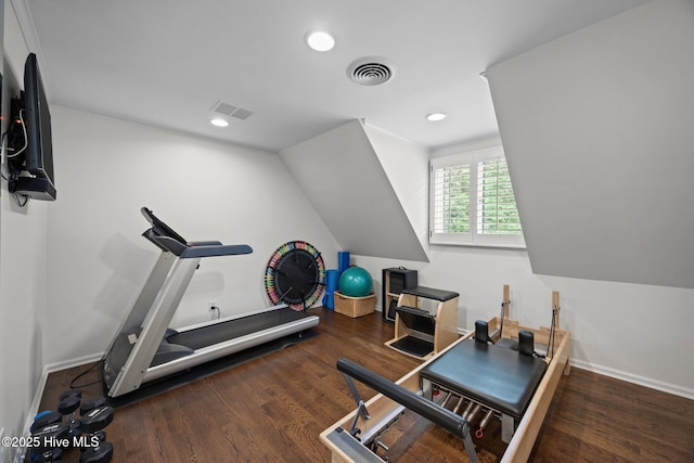 workout room with visible vents, recessed lighting, and wood finished floors