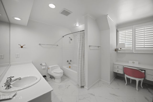 bathroom with visible vents, ornamental molding, marble finish floor, and recessed lighting