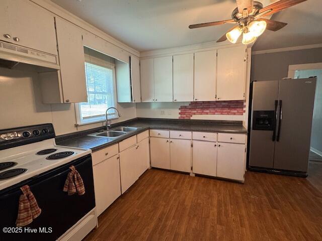 224 Millennium Rd # B, Aulander, NC 27805 - kitchen with ornamental molding, stainless steel fridge, electric range, under cabinet range hood, and a sink