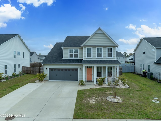 555 Heartwood Dr, Leland, NC 28479 - traditional-style house featuring a porch, concrete driveway, central air condition unit, and a front yard