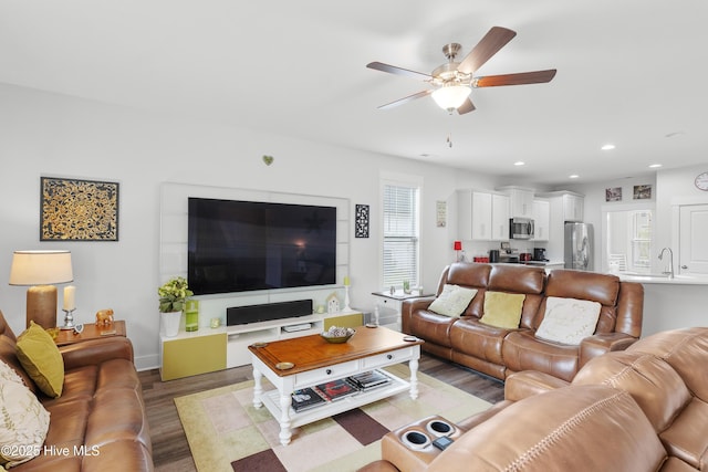 555 Heartwood Dr, Leland, NC 28479 - living room with recessed lighting, a ceiling fan, and wood finished floors