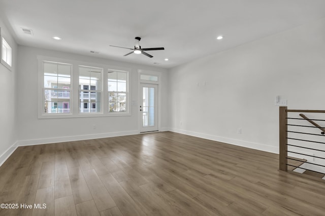 1205 Mackerel Ln Unit 2, Carolina Beach, NC 28428 - unfurnished living room with ceiling fan, visible vents, recessed lighting, wood finished floors, and baseboards