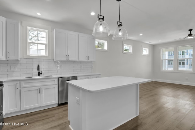 1205 Mackerel Ln Unit 2, Carolina Beach, NC 28428 - kitchen with wood finished floors, dishwasher, light countertops, a sink, and backsplash