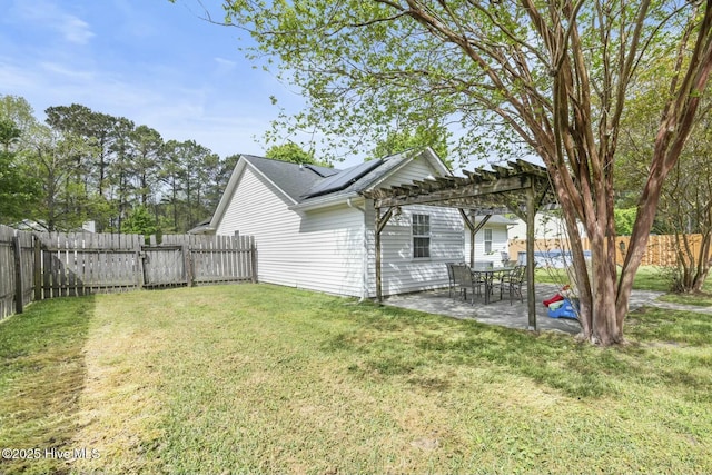 view of property exterior with a pergola, a yard, a fenced backyard, a patio, and solar panels