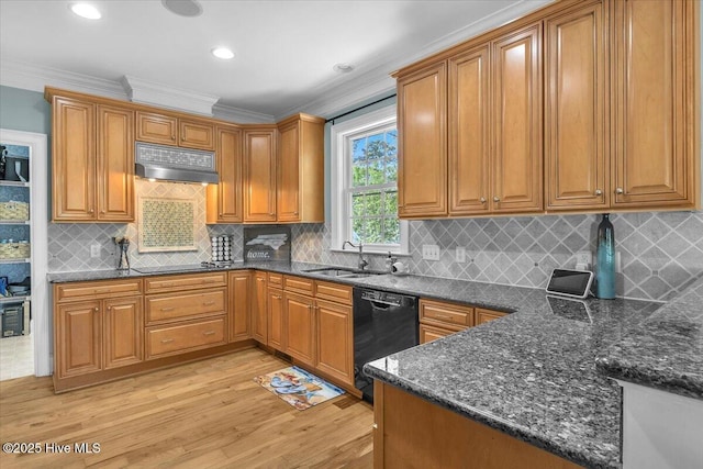 kitchen with light wood-type flooring, ornamental molding, black appliances, under cabinet range hood, and a sink