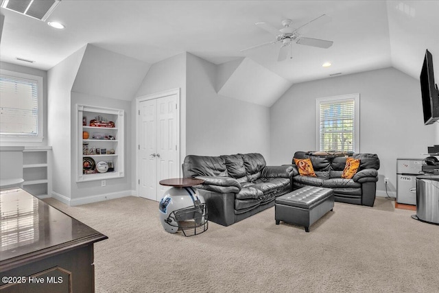 carpeted living room with recessed lighting, visible vents, vaulted ceiling, and ceiling fan