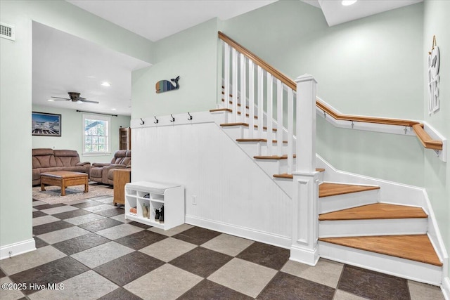 staircase with visible vents, ceiling fan, recessed lighting, and baseboards
