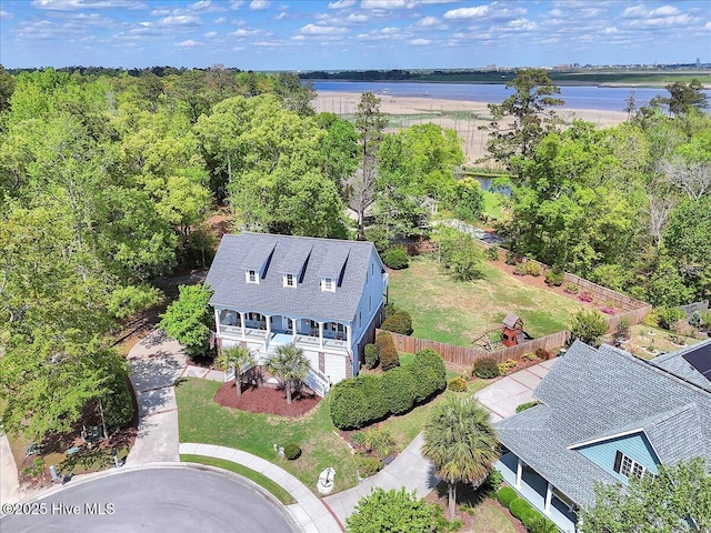 drone / aerial view featuring a water view