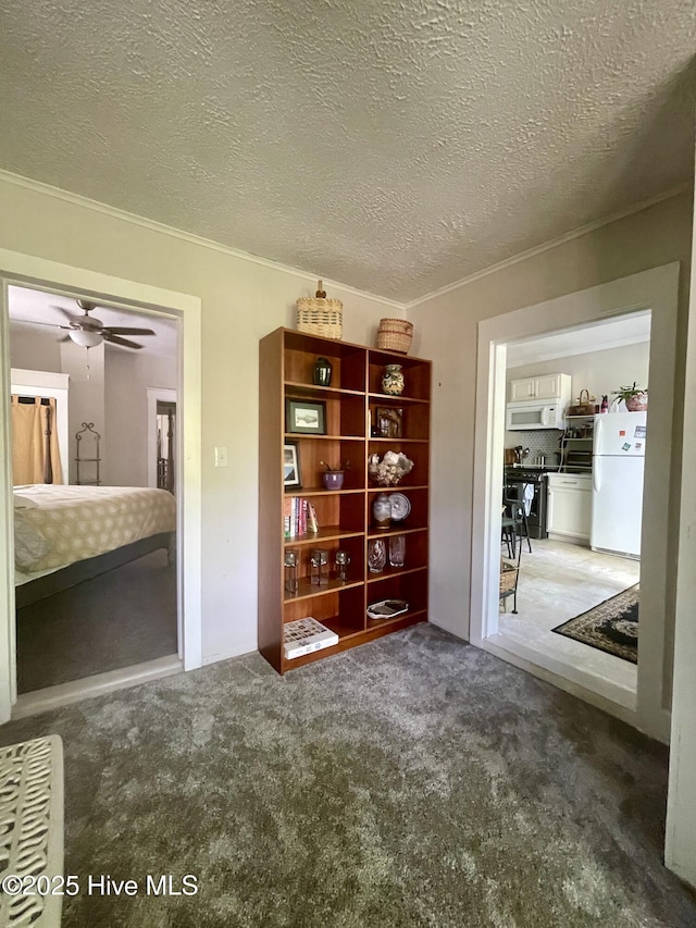 interior space featuring carpet flooring, a textured ceiling, and ornamental molding