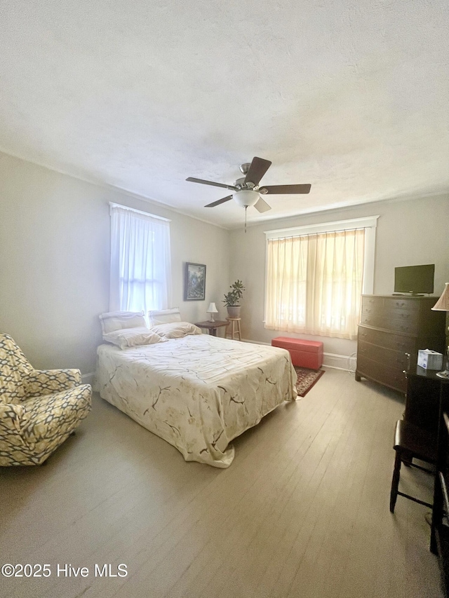 bedroom featuring ceiling fan and multiple windows