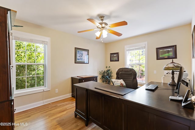 office area with ceiling fan, light wood finished floors, and baseboards