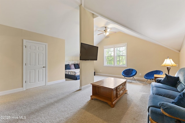 carpeted living area with baseboards, a ceiling fan, and lofted ceiling